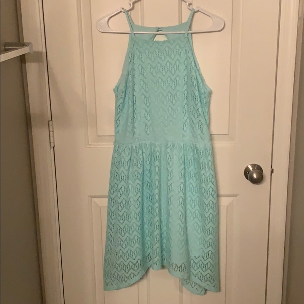 Aqua colored lace dress, asymmetrical on bottom